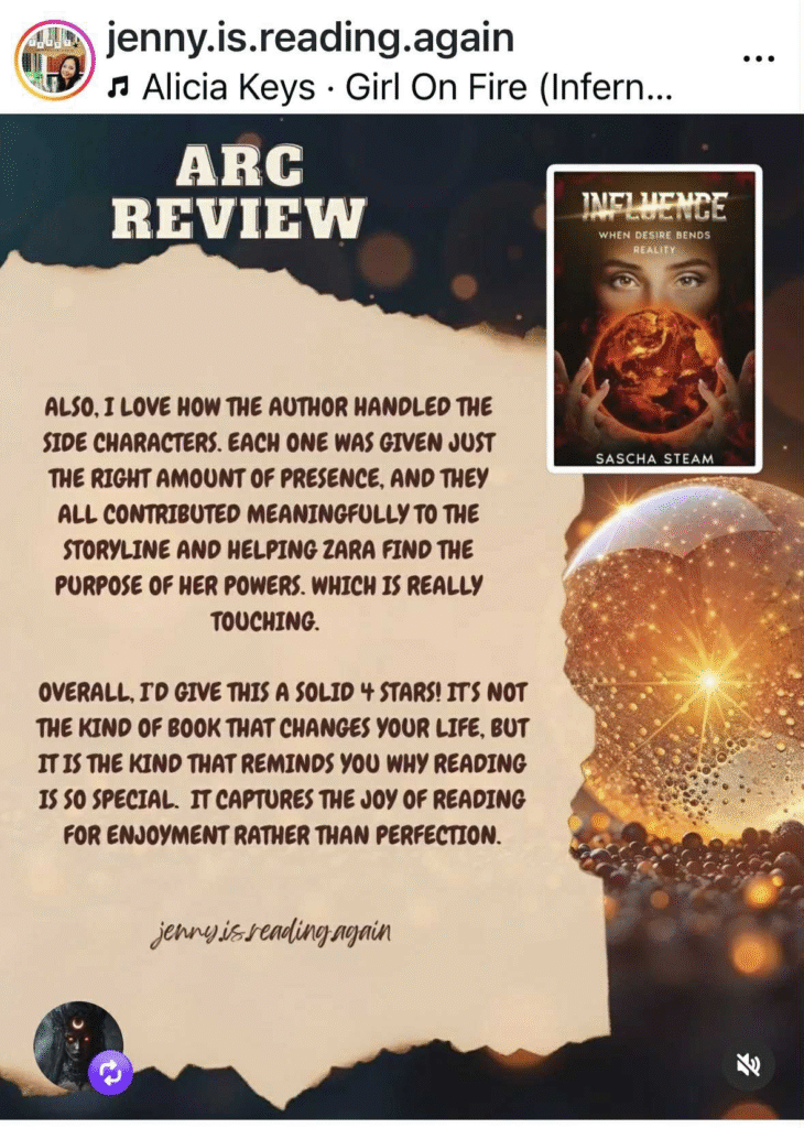 Review of Sascha Steam's novel, Influence - When Desire Bends Reality by Jenny.is.reading.again