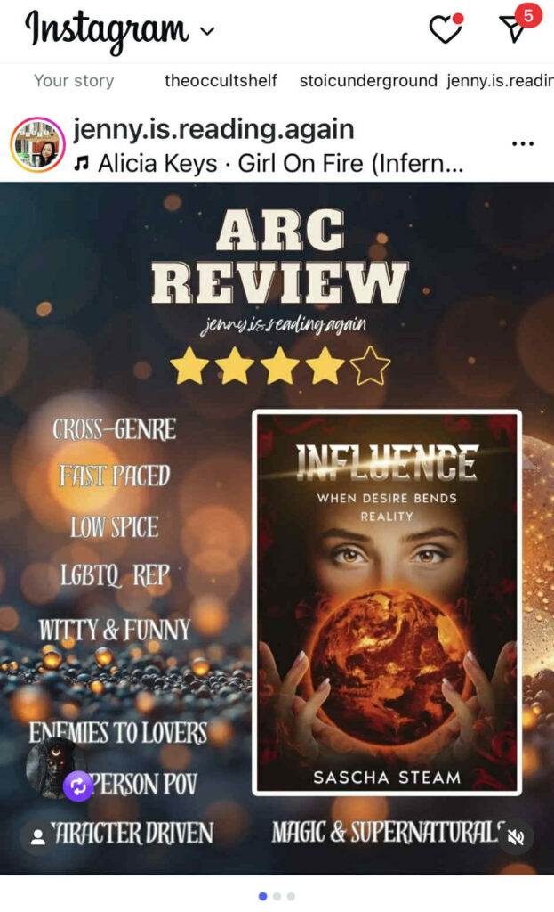 ARC Review by Jenny is reading again of Sascha Steam's INFLUENCE - When Desire Bends Reality